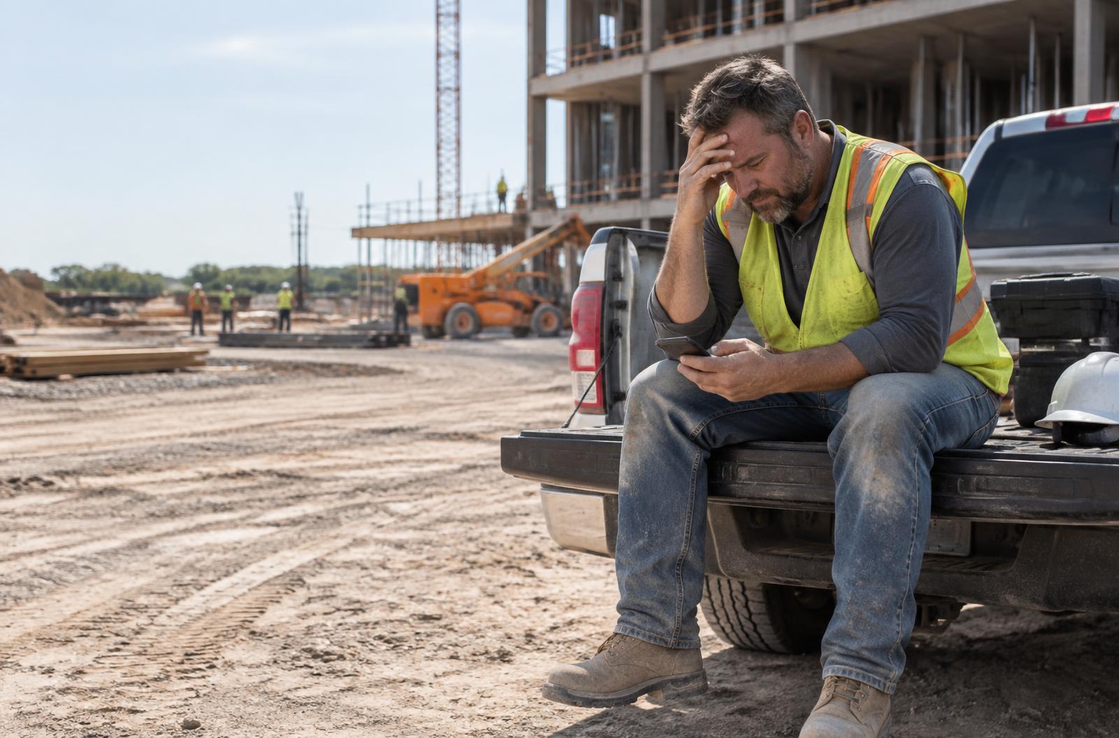 Subcontractor reviewing his phone at a construction site